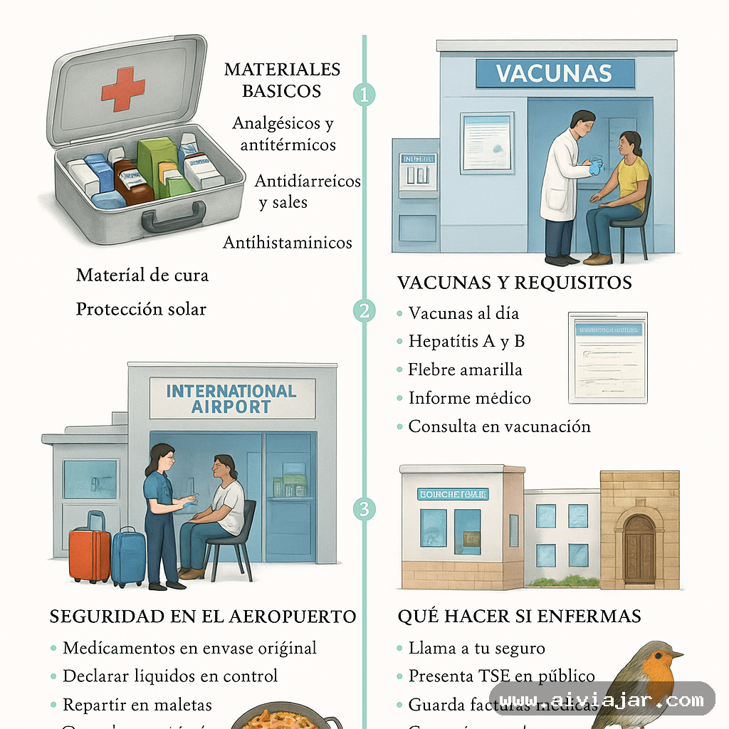 Botiquín de viaje abierto con medicamentos y material de cura