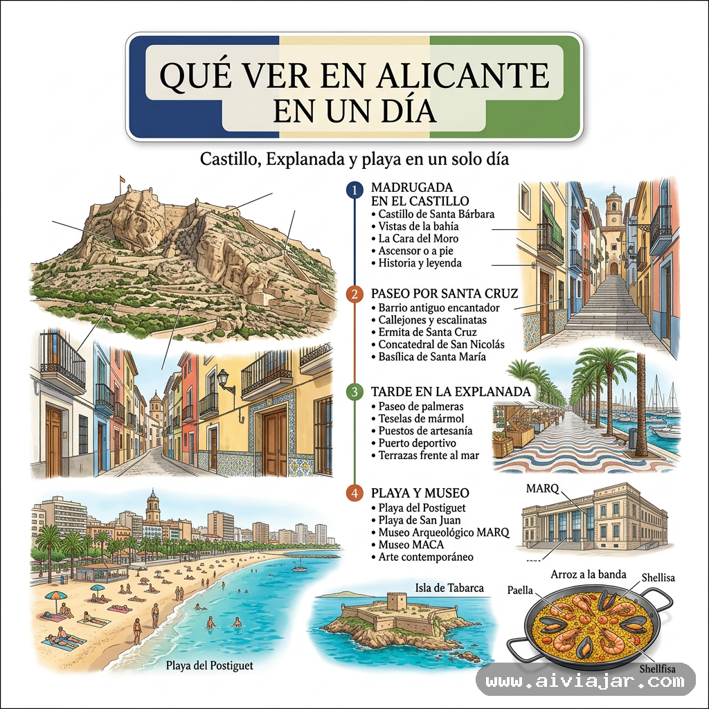 El castillo de Santa Bárbara de Alicante sobre la playa del Postiguet