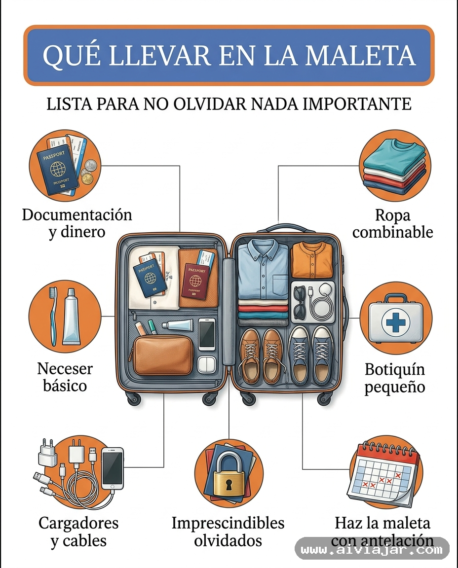 Maleta abierta sobre la cama con ropa, neceser y documentos preparados