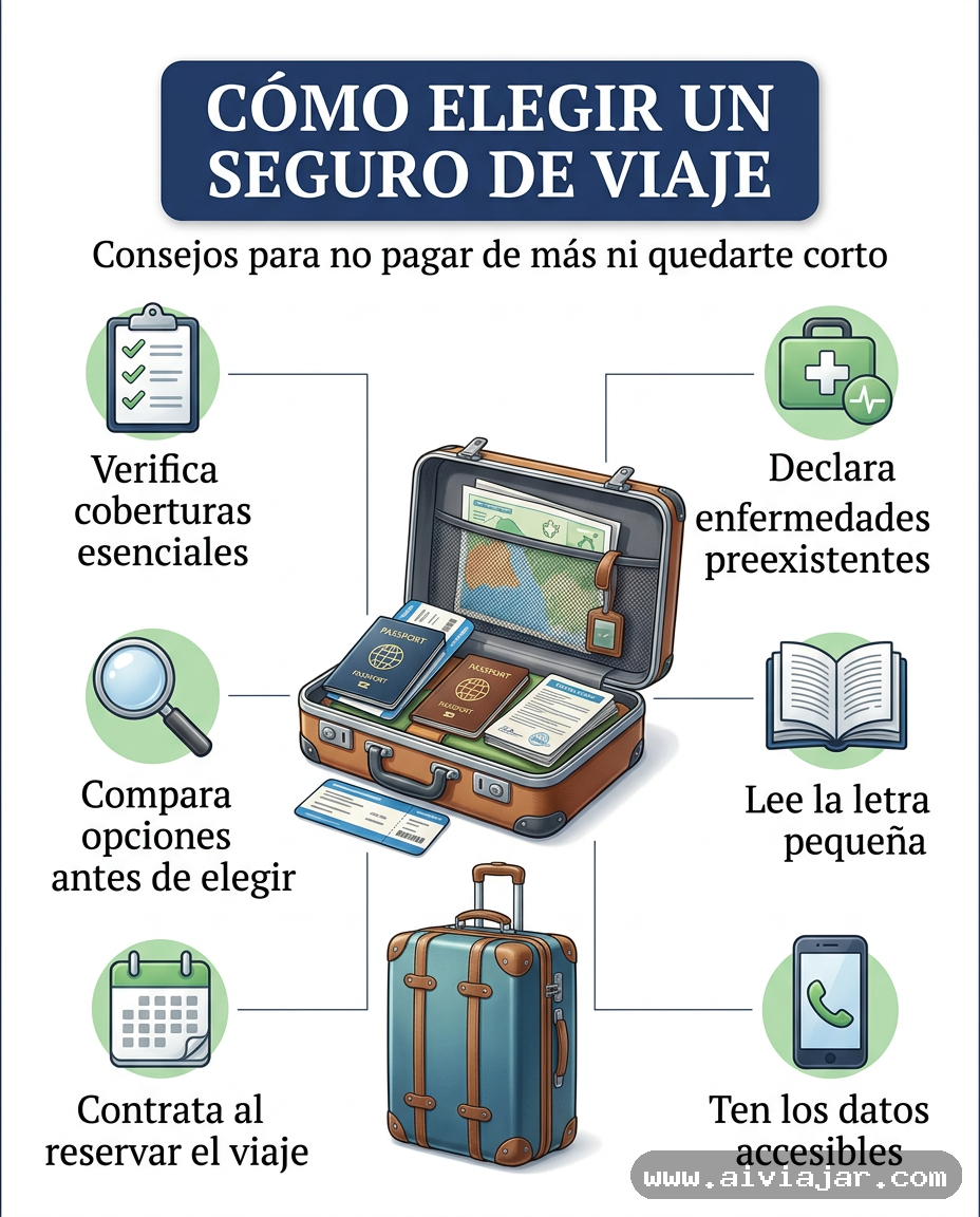 Documento de seguro de viaje junto a un pasaporte y una maleta