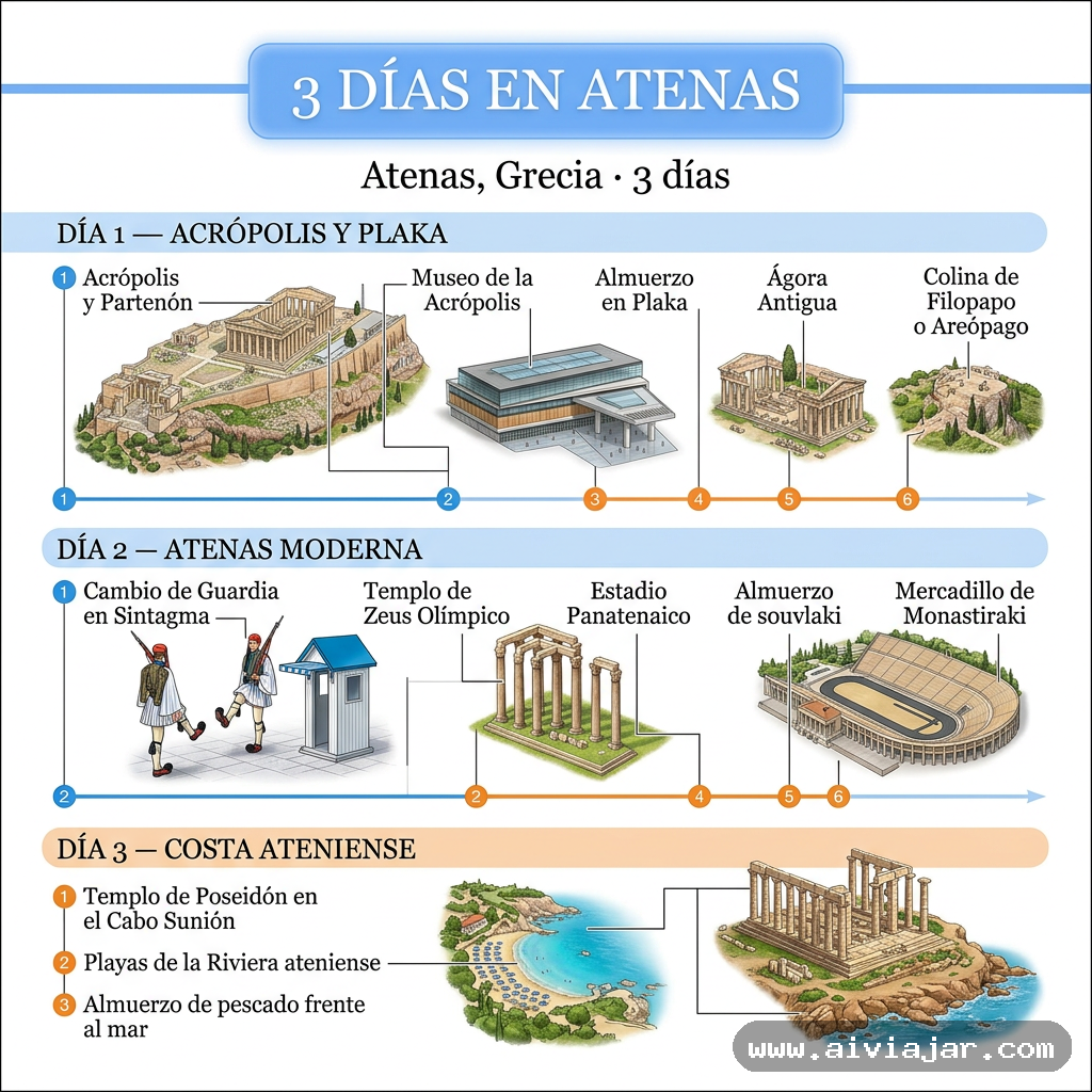 Infografía resumen del viaje a Atenas, Grecia