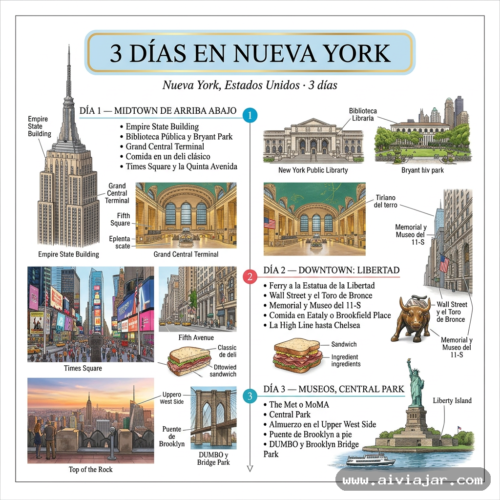Infografía resumen del viaje a Nueva York, Estados Unidos