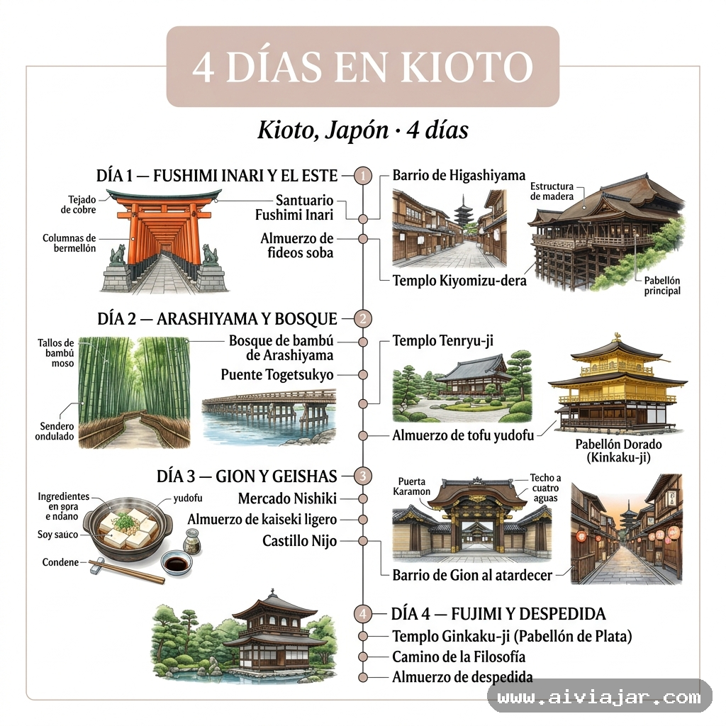 Infografía resumen del viaje a Kioto, Japón