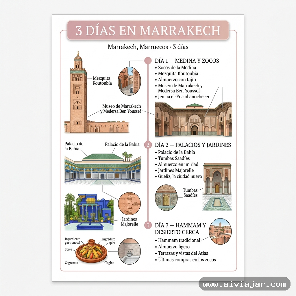 Infografía resumen del viaje a Marrakech, Marruecos