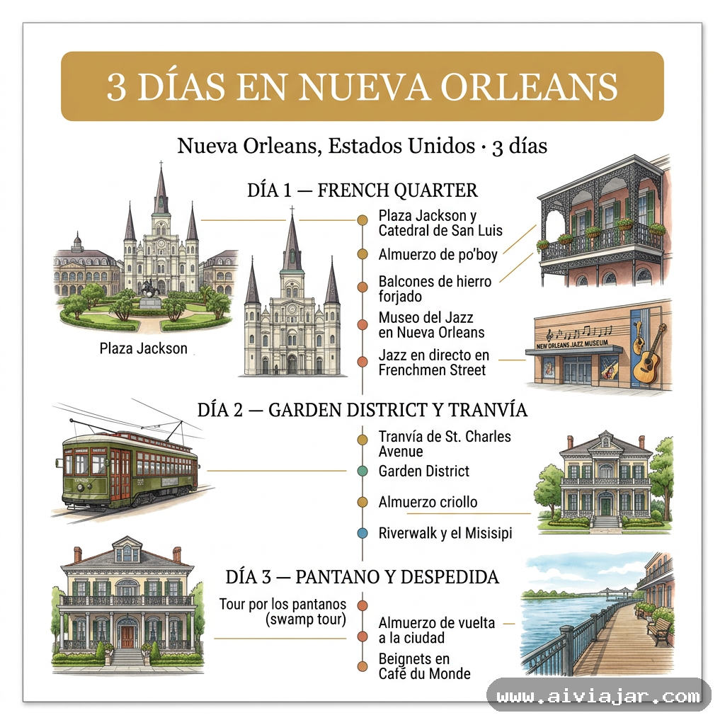 Infografía resumen del viaje a Nueva Orleans, Estados Unidos