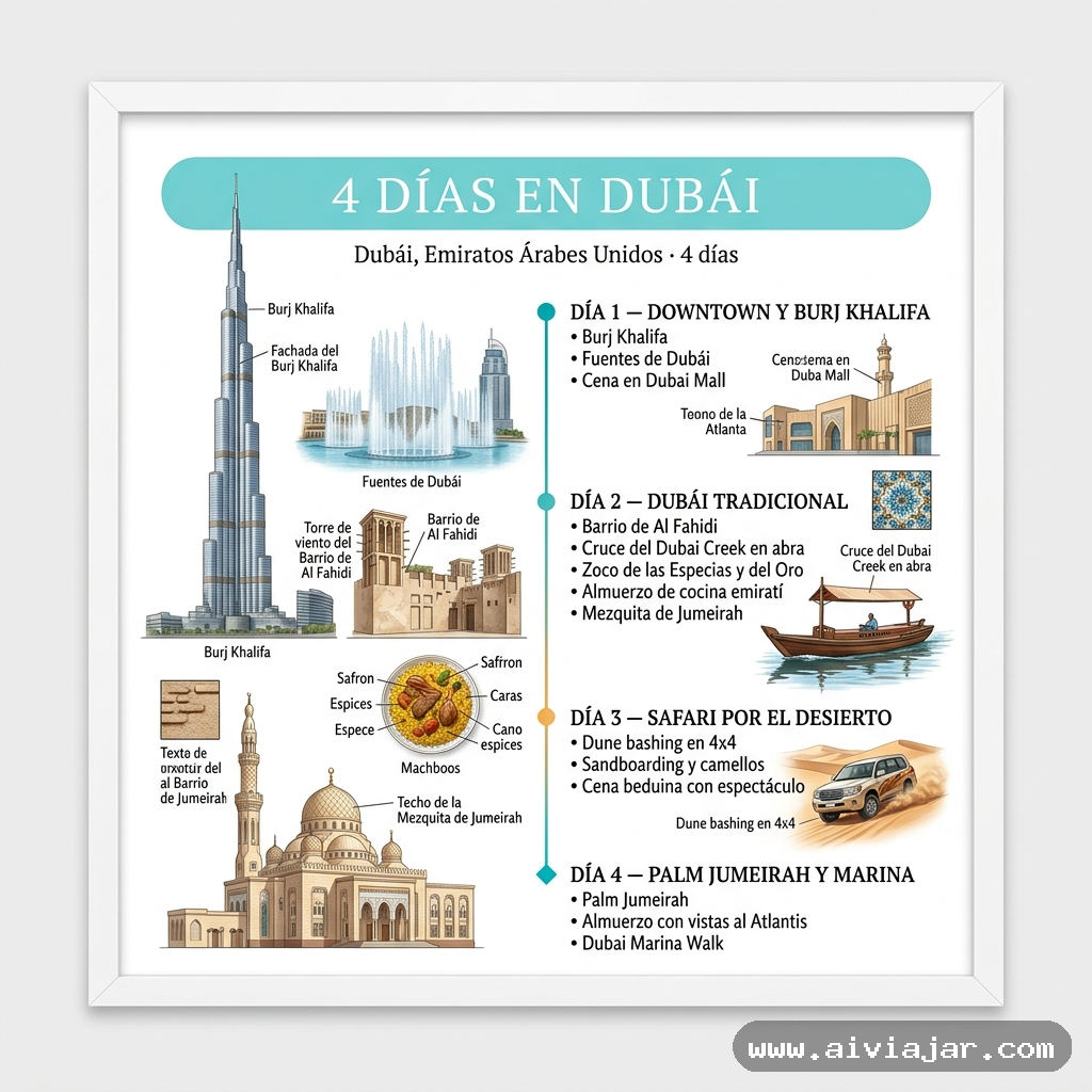 Infografía resumen del viaje a Dubái, Emiratos Árabes Unidos